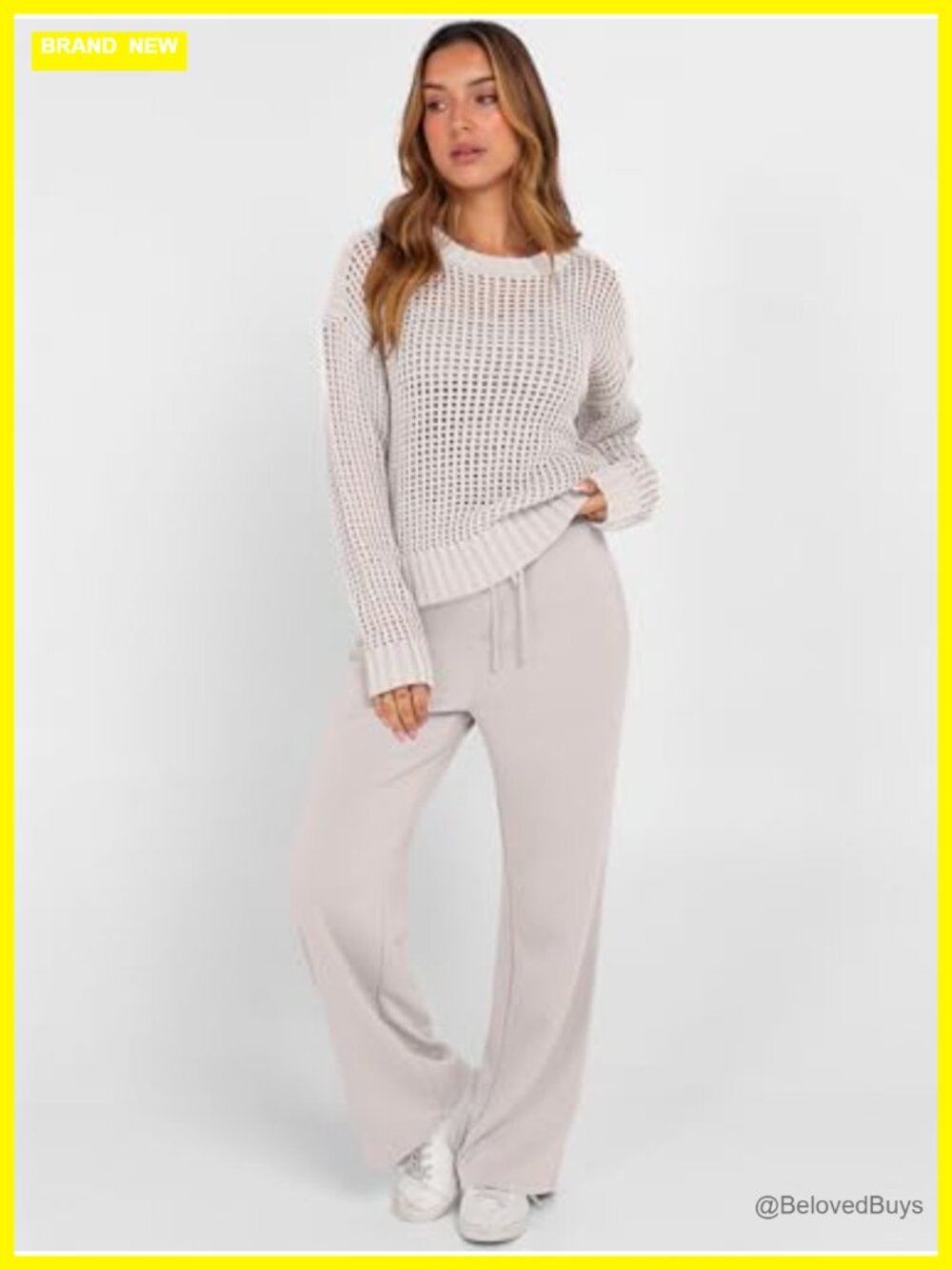 2pc Lounge Set Crochet Sheer Knit Top Wide Leg Pants Sweatsuit Travel Outfit - Picture 2 of 7